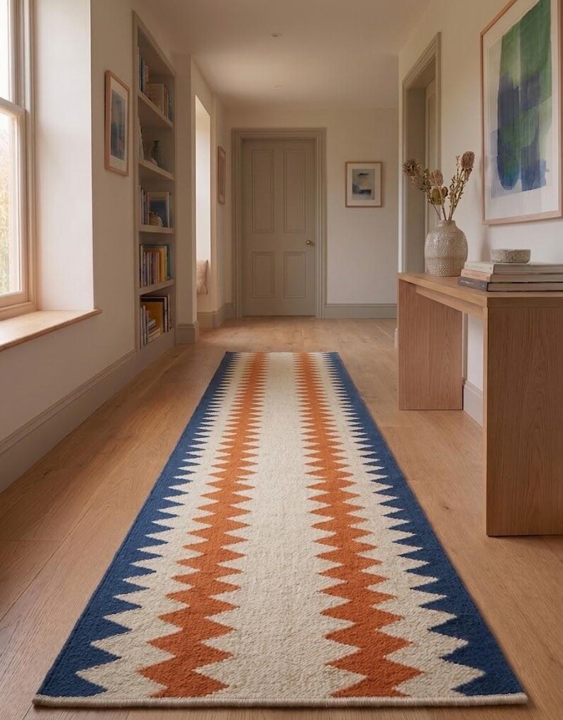 Stair Runner Rug Pattern Handwoven Wool Blue & Terracotta Stair Runner | Customizable Geometric ...