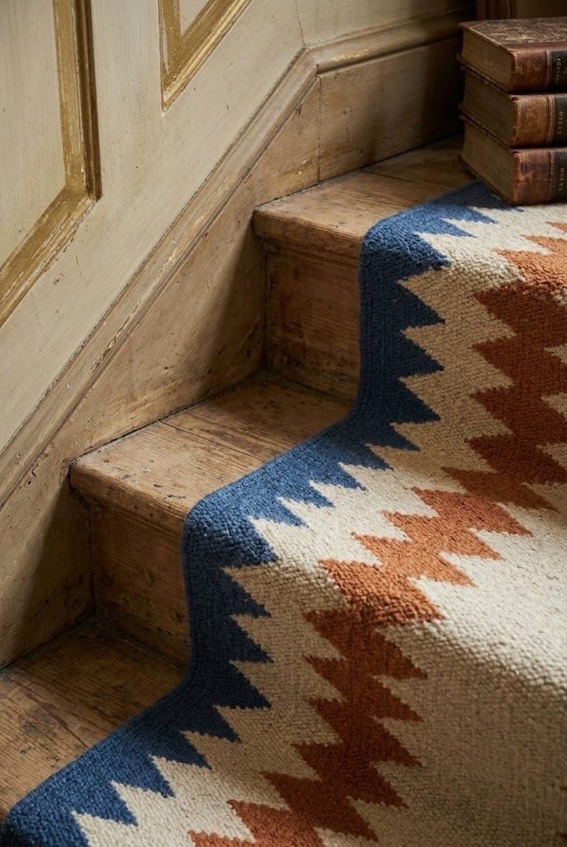 Stair Runner Rug Pattern Handwoven Wool Blue & Terracotta Stair Runner | Customizable Geometric ...