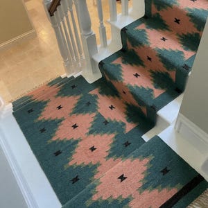 May include: Staircase runner with a geometric pattern in teal and peach. The runner features a repeating design of stylized shapes and black accents. The stairs have white risers and a wooden handrail.