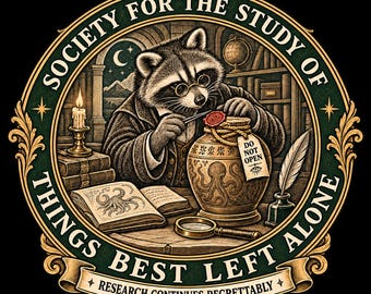 May include: A circular emblem featuring a raccoon wearing spectacles, sealing a jar labeled DO NOT OPEN with an octopus design. The text reads SOCIETY FOR THE STUDY OF THINGS BEST LEFT ALONE and RESEARCH CONTINUES REGRETTABLY, with books, a candle, and a quill.
