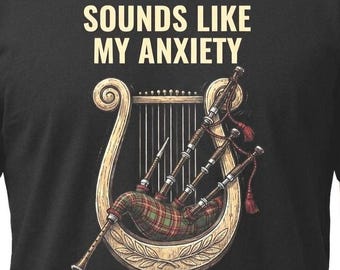 Camiseta con arpa y gaita para expresar ansiedad, camiseta con humor sobre el exceso de pensamiento, estilo ilustración vintage.