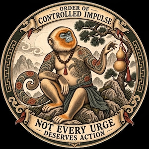 May include: A circular graphic illustration featuring a monkey with tattoos, wearing a beaded necklace, and sitting on a rock. The text reads ORDER OF CONTROLLED IMPULSE and NOT EVERY URGE DESERVES ACTION. A gourd hangs from a pine tree branch.