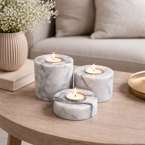 Calacatta marmeren kaarsenhouderset – witmarmeren theelichthouders – luxe natuursteen woondecoratie