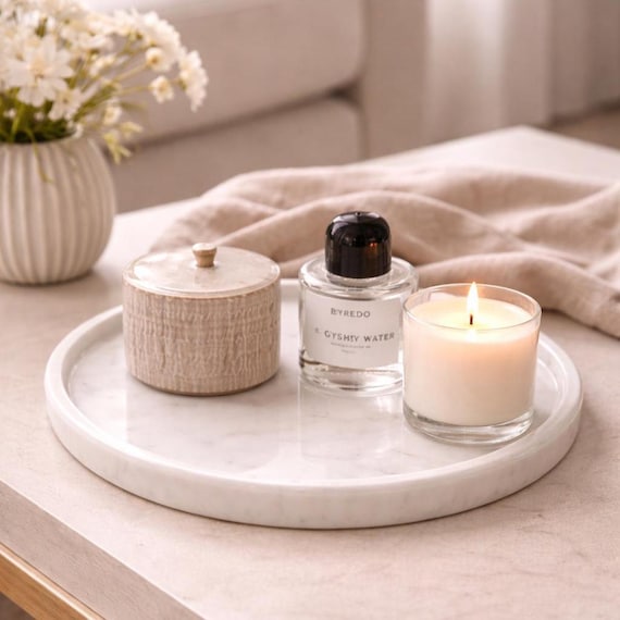 White Marble Round Tray – Natural Stone Decorative Vanity Organizer (Ø30 cm)