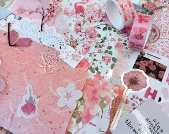 Pink Floral Junk Journal Kit 75+, Vintage Rose Scrapbooking Supplies, Collage Paper Pack