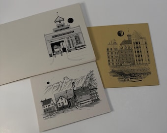 Lote de 20 láminas ilustradas con motivos arquitectónicos vintage de edificios históricos.