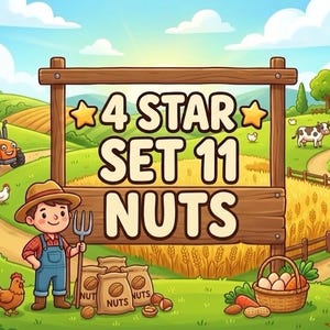 Op de afbeelding: Een cartoon boerderijtafereel met een houten bord met de tekst 4 STAR SET 11 NUTS, een boer met een hooivork, zakken noten, een tractor, een kip, een mand met groenten, een rode schuur en groene velden onder een helderblauwe lucht.