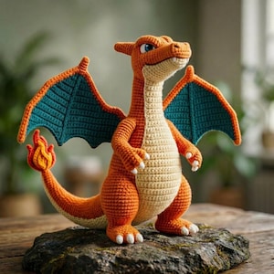May include: A handmade crochet Charizard figure. The orange and cream-colored dragon has teal wings and a flame at the end of its tail. The figure is standing on a dark gray rock, with a wooden surface in the foreground and a blurred background.