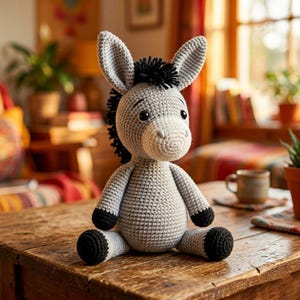 May include: A crocheted donkey toy, predominantly grey with black detailing on the mane, ears, and hooves. The donkey has large eyes and is seated on a wooden table. The toy is approximately 25 cm tall.