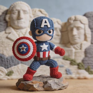 May include: A crocheted Captain America doll, featuring a blue and white helmet with the letter "A", a star on the chest, and a red, white, and blue shield. The doll is standing on a rock, with the Mount Rushmore monument in the background.