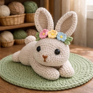 May include: A crocheted bunny in a lying position, adorned with a floral crown. The bunny is light beige with black eyes and a brown nose. It rests on a green crocheted mat, with yarn and baskets in the background.