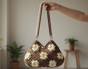Sunflower Granny Square Crochet Bag Pattern PDF, Boho Tote, Floral Summer Purse, Instant Download