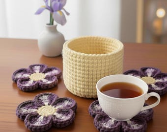 Crochet Flower Mug Rug Coaster Pattern, Velvet Yarn Basket (Digital Download)