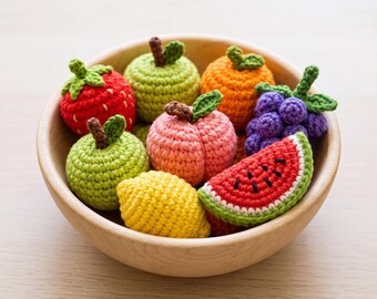 Mini fruktvirkmönster PDF, Amigurumi fruktset, jordgubb äpple citron apelsin druva persika vattenmelon, lekmatsmönster, enkel PDF