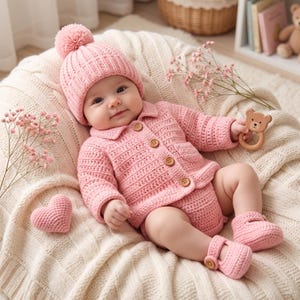 Könnte beinhalten: Ein Baby trägt ein hellrosa gehäkeltes Set, bestehend aus einer langärmeligen Strickjacke mit Kragen und vier Holzknöpfen, einer passenden Mütze mit Bommel sowie Schühchen. Das Baby hält eine braune Rassel in Bärenform in der Hand.
