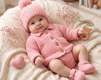 Baby Cardigan Hat Booties Crochet Pattern PDF, DK Yarn Newborn Set, Moss Stitch Sweater Beanie Shoes, Instant Download Baby Shower Gift
