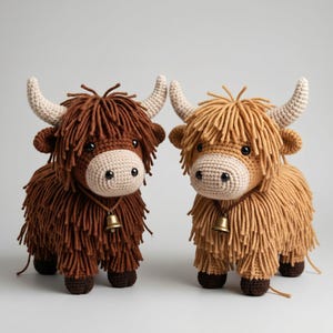 Könnte beinhalten: Zwei gehäkelte Highland-Kuh-Plüschtiere. Eines ist braun, das andere ist hellbraun. Beide haben zotteliges Fell, cremefarbene Hörner und kleine goldene Glöckchen um den Hals. Sie haben schwarze Augen und beige Gesichter.