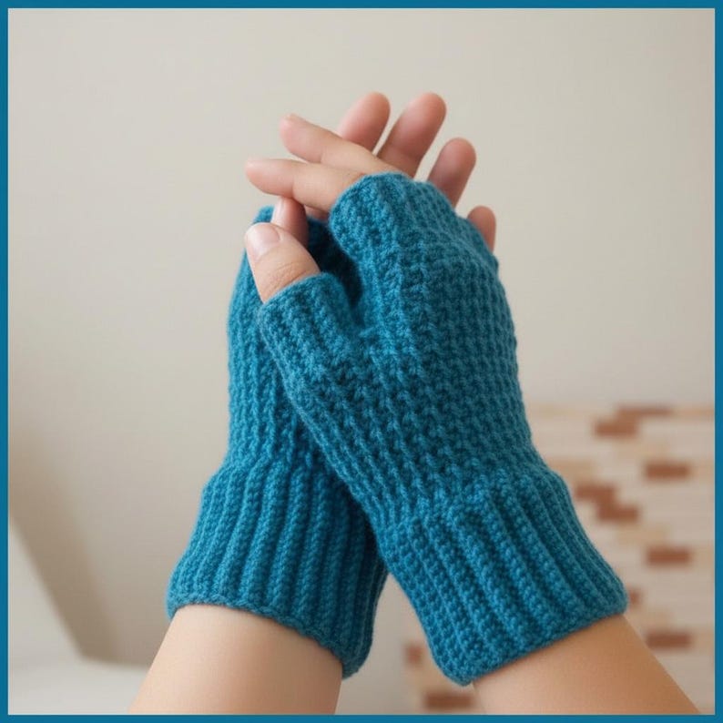 May include: A pair of teal blue fingerless gloves. The gloves are knitted with a ribbed cuff and a textured stitch on the hand. The gloves are designed to keep the hands warm while leaving the fingers free.