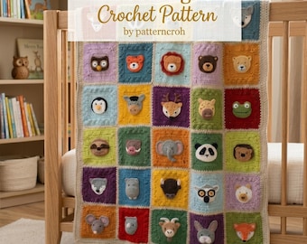 Crochet Blanket Pattern PDF – Animal Kingdom Baby Blanket – 30 Granny Squares with Animal Appliqués – Intermediate Crochet Pattern