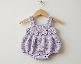 Lavender Leaf Baby Bubble Romper Crochet Pattern – Petal Border, Pearl Buttons (PDF Download)