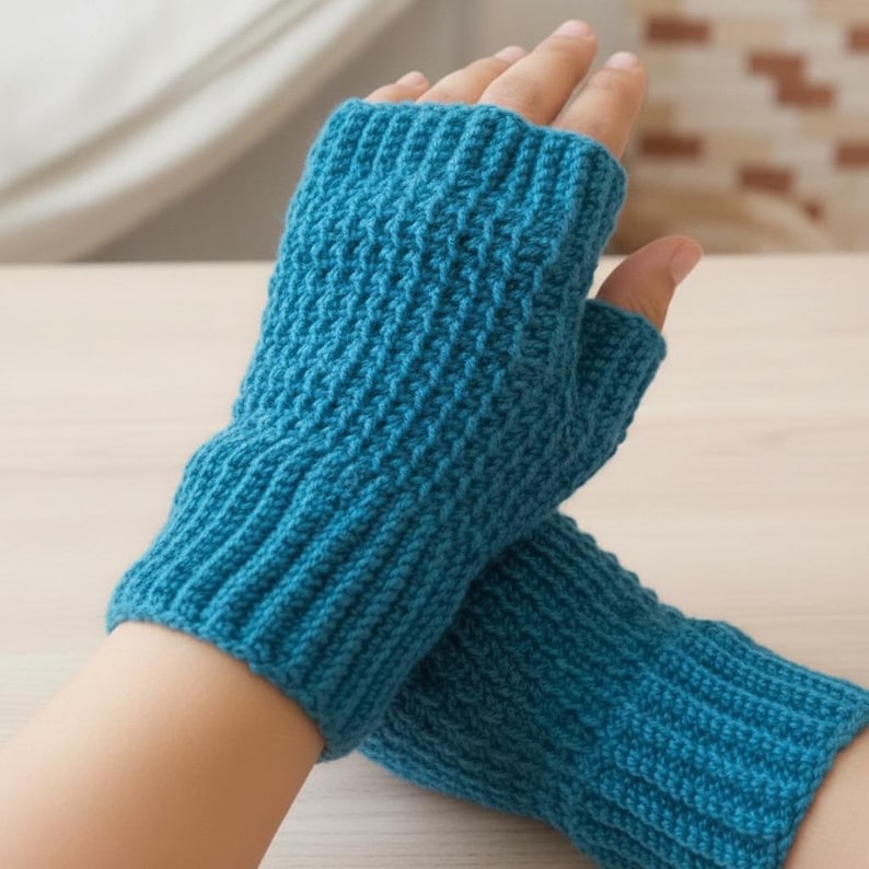 May include: Teal blue fingerless gloves, hand-knitted with a textured stitch. The gloves are made of soft yarn, designed to keep hands warm while leaving fingers free. Ribbed cuffs provide a snug fit. The gloves are a practical and stylish accessory.