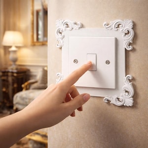May include: A white light switch with a rectangular plate, set within a decorative white frame with ornate scrollwork. A finger is pressing the switch. The wall is a neutral beige color.