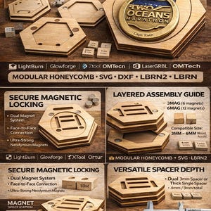 May include: Wooden magnetic honeycomb medal holder with laser cut design. Includes modular honeycomb components, assembly guide, and secure locking features. Compatible with 3mm-6mm wood and acrylic. Features a versatile spacer depth.