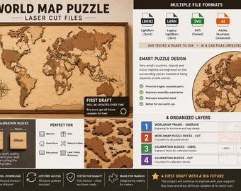 May include: A wooden world map puzzle with laser-cut files. The puzzle features a detailed map with countries and islands. Includes calibration blocks of 1 inch and 10mm. The design is suitable for wall art, gifts, and home decor.