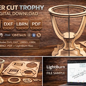 May include: A laser-cut trophy design in light brown wood. The image shows a completed trophy, cut-out pieces, and digital file formats: SVG, DXF, LBRN, and PDF. The text "LASER CUT TROPHY DIGITAL DOWNLOAD" is visible.