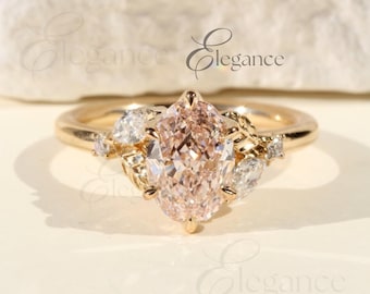 Anillo de compromiso de moissanita ovalada rosa de 2 quilates con banda de oro floral vintage, racimo único de piedras laterales de marquesa, banda gruesa, anillo de bodas de estilo antiguo.