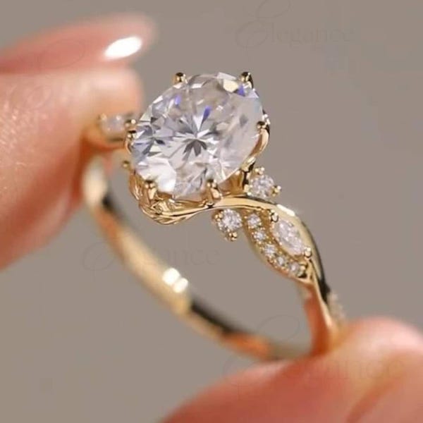 Floral 2 CT Oval Cut Moissanite Engagement Ring, 14K/18K Solid Gold, Marquise Side Stone, Oval Vintage Ring, Anniversary Ring, Wedding Gift