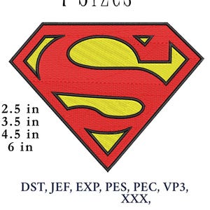 May include: Embroidered Superman logo in red and yellow, with the text "4 Sizes" above and size measurements in inches below. The logo is a diamond shape with a yellow "S" inside a red shield.