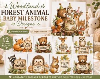 Woodland Baby Milestone PNG Bundle, Forest Animal Monthly Baby Photo Props, 12 High‑Res Nursery Clipart, Digital Download Milestone Cards
