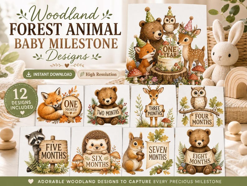 Woodland Baby Milestone PNG Bundle, Forest Animal Monthly Baby Photo ...