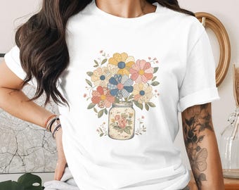 Patchwork Flowers Mason Jar PNG, Cottagecore Farmhouse Floral Sublimation Design, Vintage Quilted Daisies Clipart Digital Download