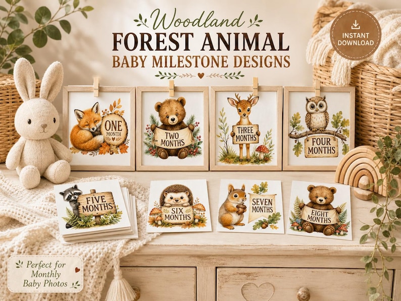 Woodland Baby Milestone PNG Bundle, Forest Animal Monthly Baby Photo ...