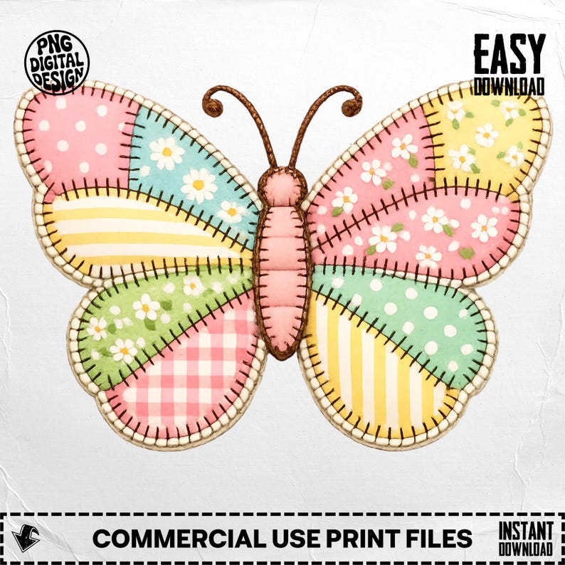 Butterfly Patchwork Digital Download, Cute Patchwork Butterfly Printable, Instant Download Butterfly Art, Commercial Use PNG