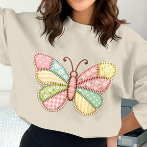 Cute Butterfly Sweatshirt, Women's Graphic Pullover, Pastel Patchwork Butterfly Design, Cozy Casual Tops for Women, Spring Fashion Trends
