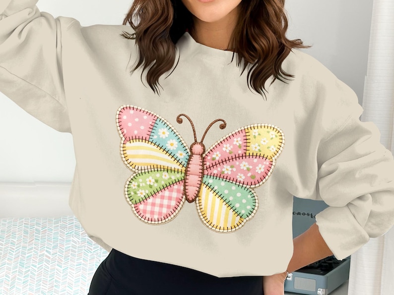 Cute Butterfly Sweatshirt, Women's Graphic Pullover, Pastel Patchwork Butterfly Design, Cozy Casual Tops for Women, Spring Fashion Trends