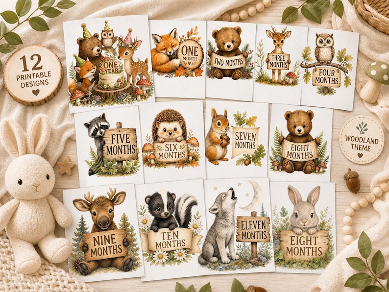 Woodland Baby Milestone PNG Bundle, Forest Animal Monthly Baby Photo ...