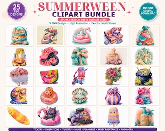 Summerween Clipart Bundle, Watercolor Halloween Beach PNG, Tropical Spooky Summer Illustrations, Ghost Pumpkin Skull Digital Art