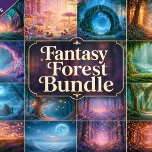 Pode incluir: Uma coleção de 12 fundos de floresta de fantasia. As imagens apresentam várias cenas, incluindo portais brilhantes, pontes iluminadas pela lua e florestas encantadas com iluminação suave e elementos caprichosos. O texto "Fantasy Forest Bundle" é exibido em destaque.