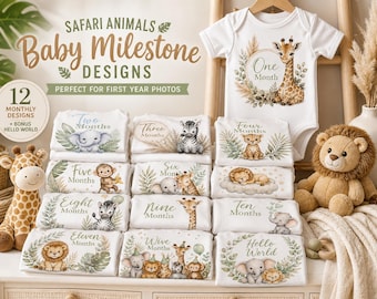 Paquete PNG de 12 imágenes de hitos del bebé con temática de safari, 5000 px, 300 DPI, tarjetas mensuales de animales de la selva para bebés, imprimibles para guardería estilo boho, accesorios digitales para fotos.