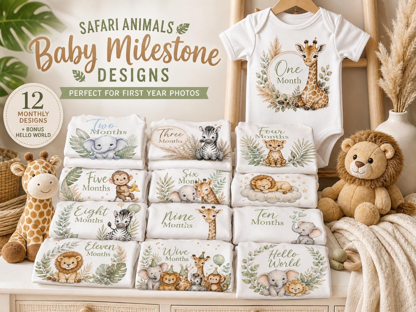 Safari Baby Milestone PNG Bundle 12, 5000px 300 DPI, Jungle Animal ...