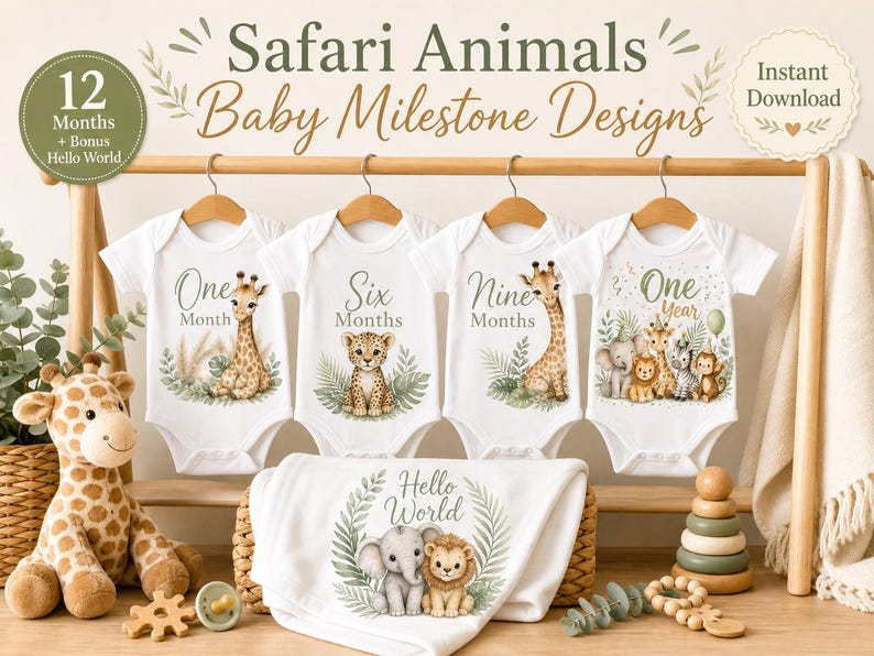 Safari Baby Milestone PNG Bundle 12, 5000px 300 DPI, Jungle Animal ...