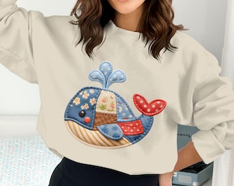 Cute Patchwork Whale Digital PNG, Faux Leather Effect Sublimation Design, Ocean Marine Animal Applique, Kids Nursery Craft File