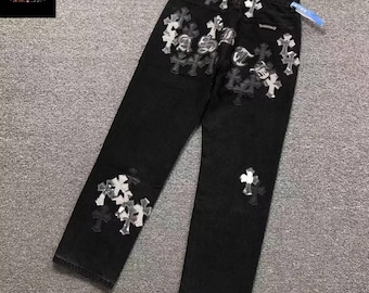 Black Cross Patch Jeans | Gothic Streetwear Denim Pants | Unisex Alternative Fashion Trousers