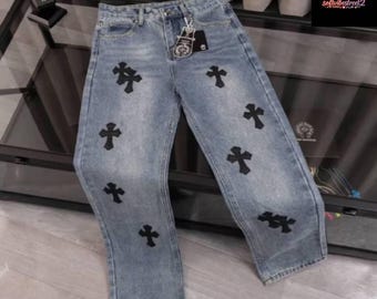 Blue Cross Patch Jeans | Gothic Denim Pants | Y2K Streetwear Jeans