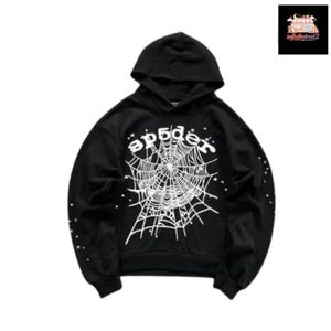 May include: Black hooded sweatshirt with a white spider web graphic and the word "spider" above it. The sweatshirt has a drawstring hood and long sleeves. The design is centered on the front of the sweatshirt.