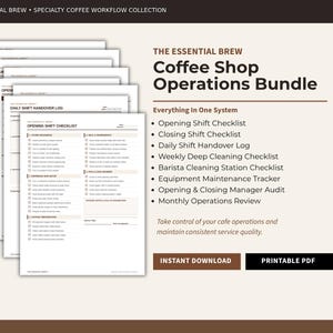 Op de afbeelding: Een stapel witte papieren documenten getiteld The Essential Brew Coffee Shop Operations Bundle, met checklists voor opening, sluiting, reiniging, onderhoud en audits, inclusief tekst met de inhoud en twee knoppen voor download.